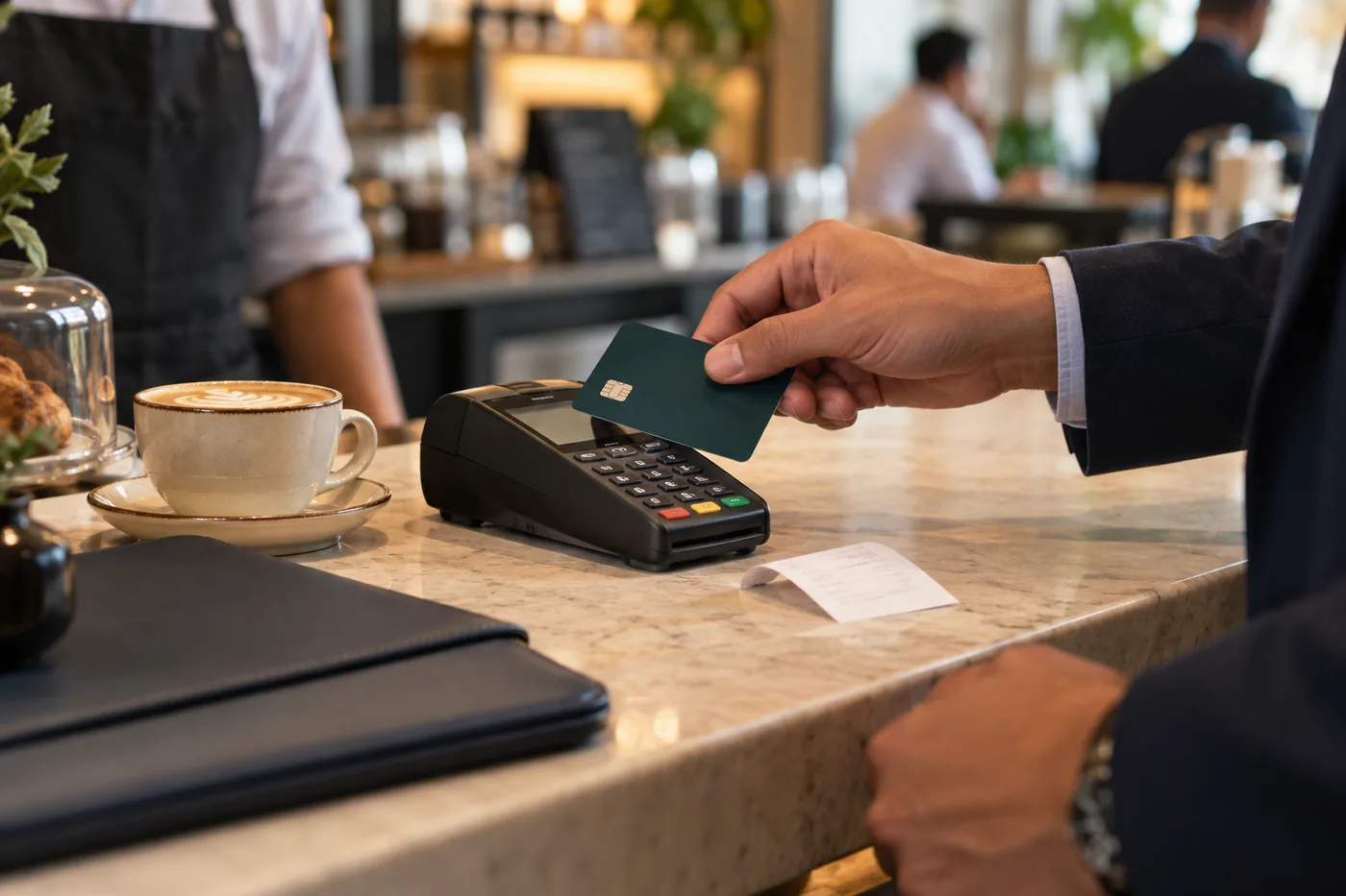 Pagamento de uma despesa de trabalho com cartão em um estabelecimento