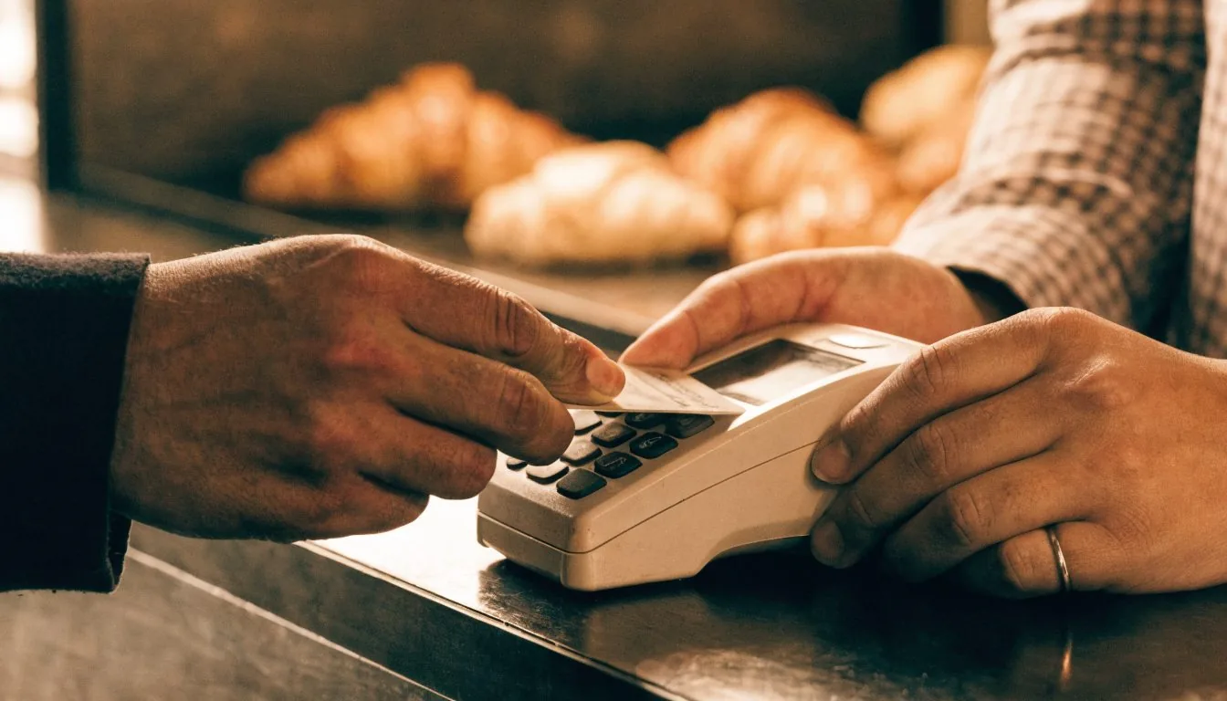 Mãos pagando com o cartão de benefícios na maquininha de um restaurante