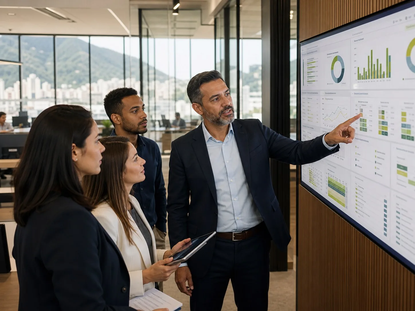 Equipe de RH analisando indicadores de pessoas em uma tela corporativa